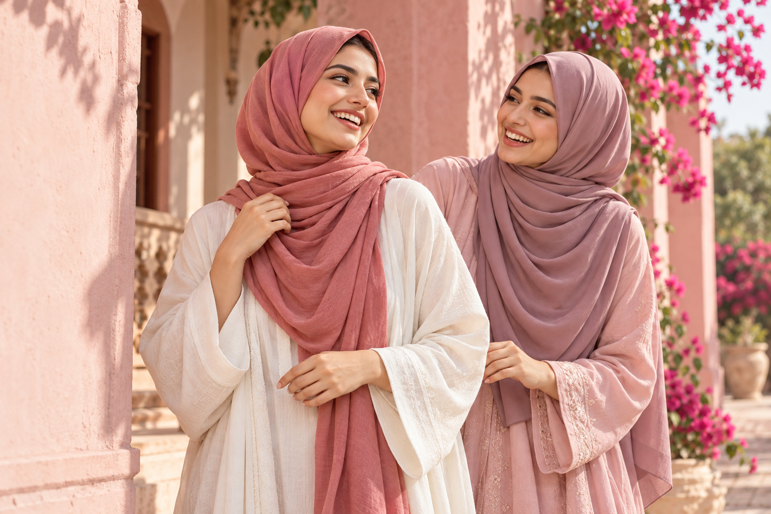 Style inspiration: two women wearing rose and mauve hijabs in a sunny courtyard